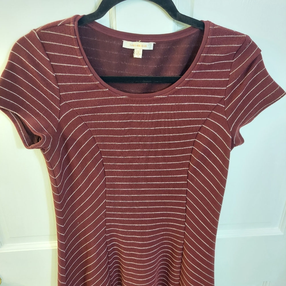 Maroon & White Stripe Short Sleeve Dress